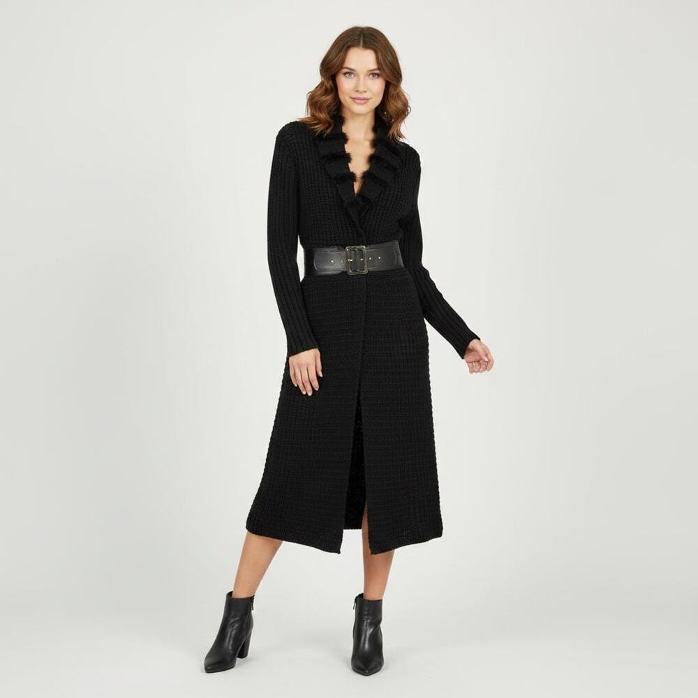 John Fashion Knit Wool Duster With Fur Trim Sz L